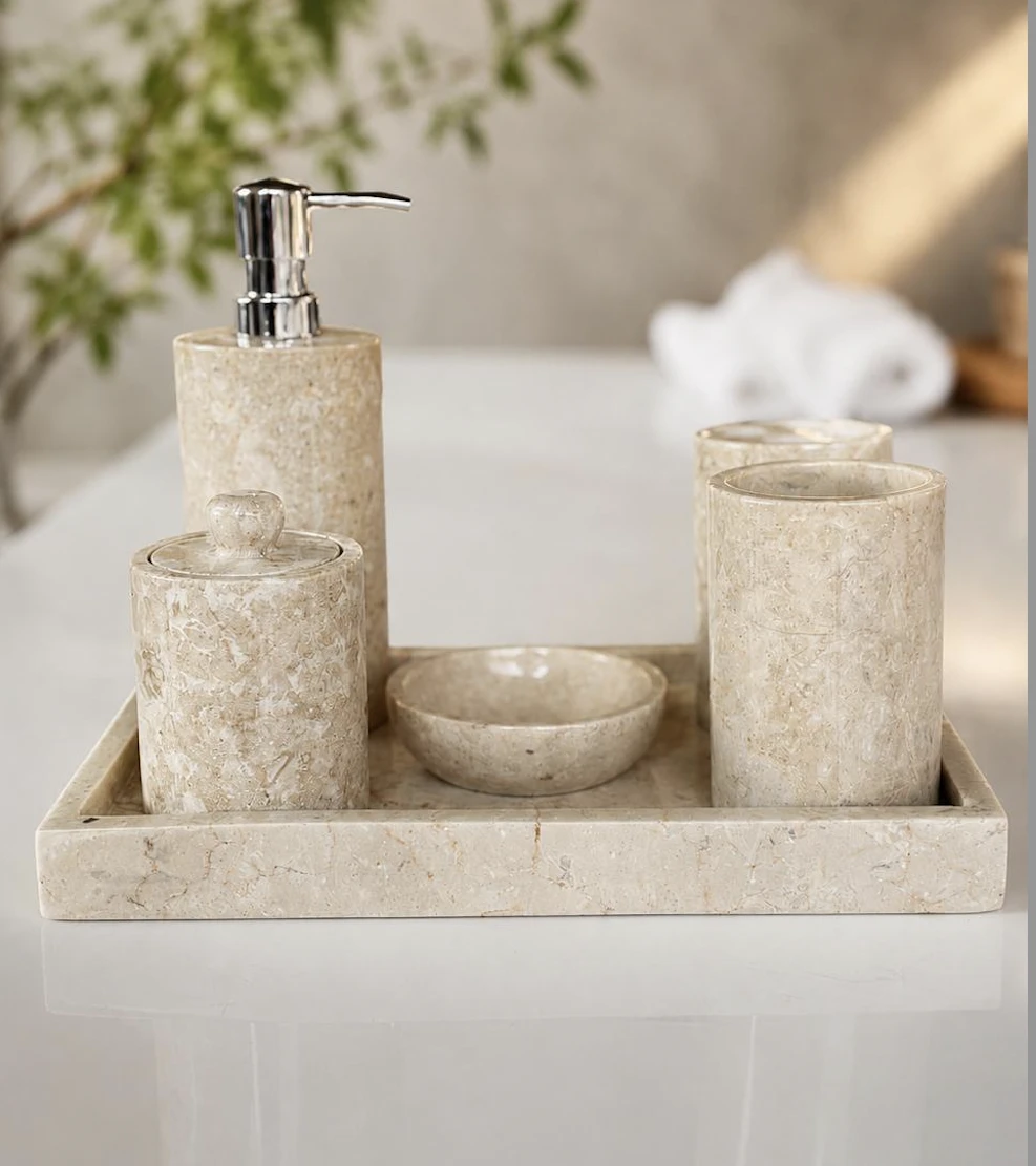 Bathroom Accessories Set of 6 — White Marble