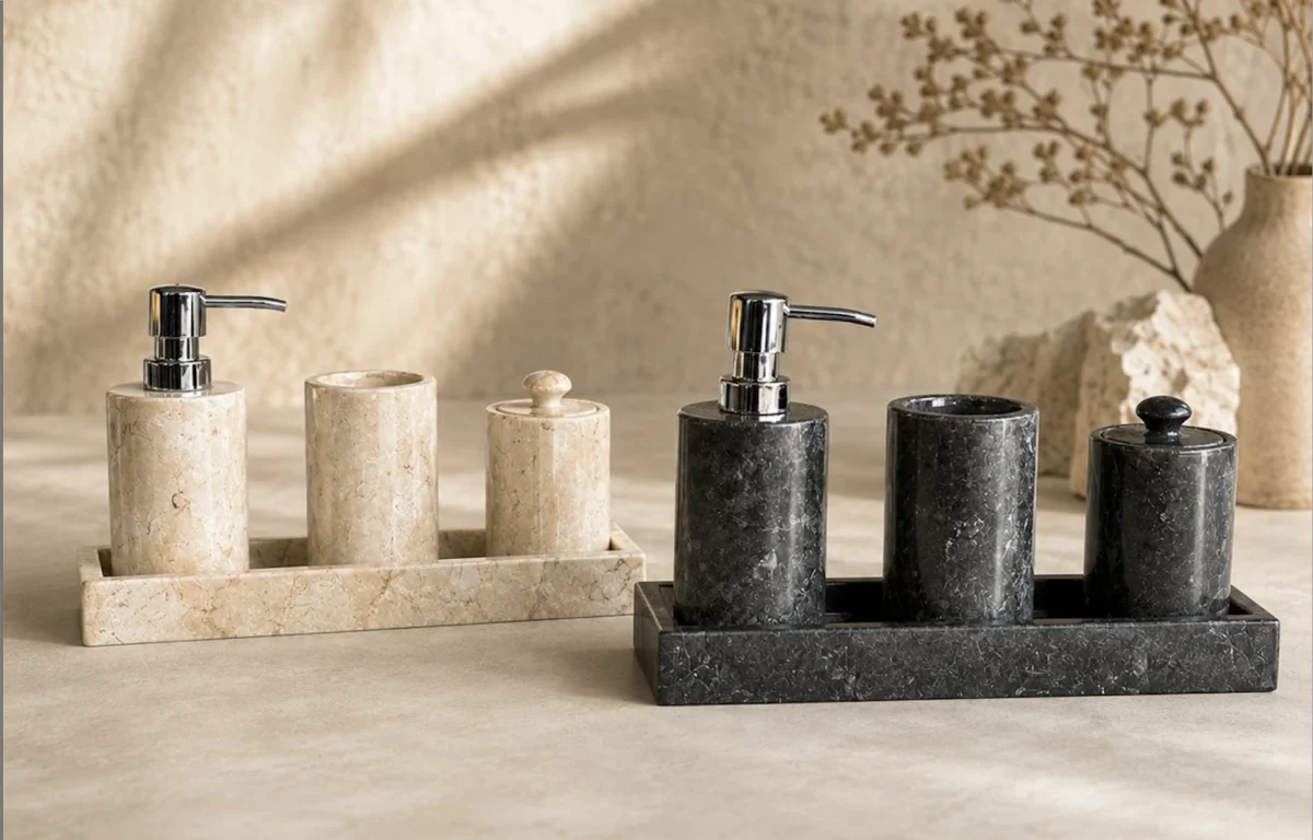 Bathroom Accessories Set of 4 — White Marble