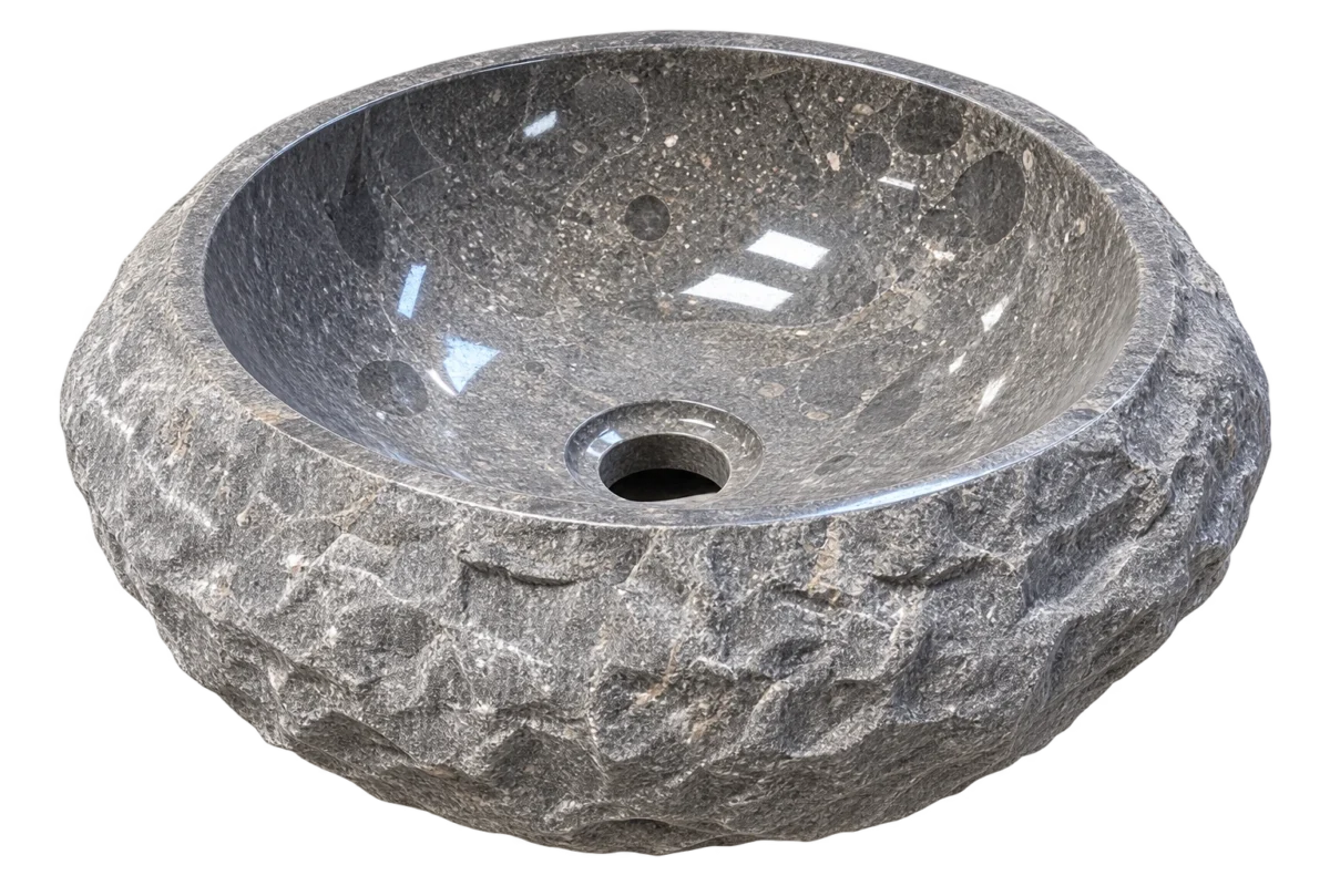 Round Grey Marble Sink with Ethnic Hammered Exterior