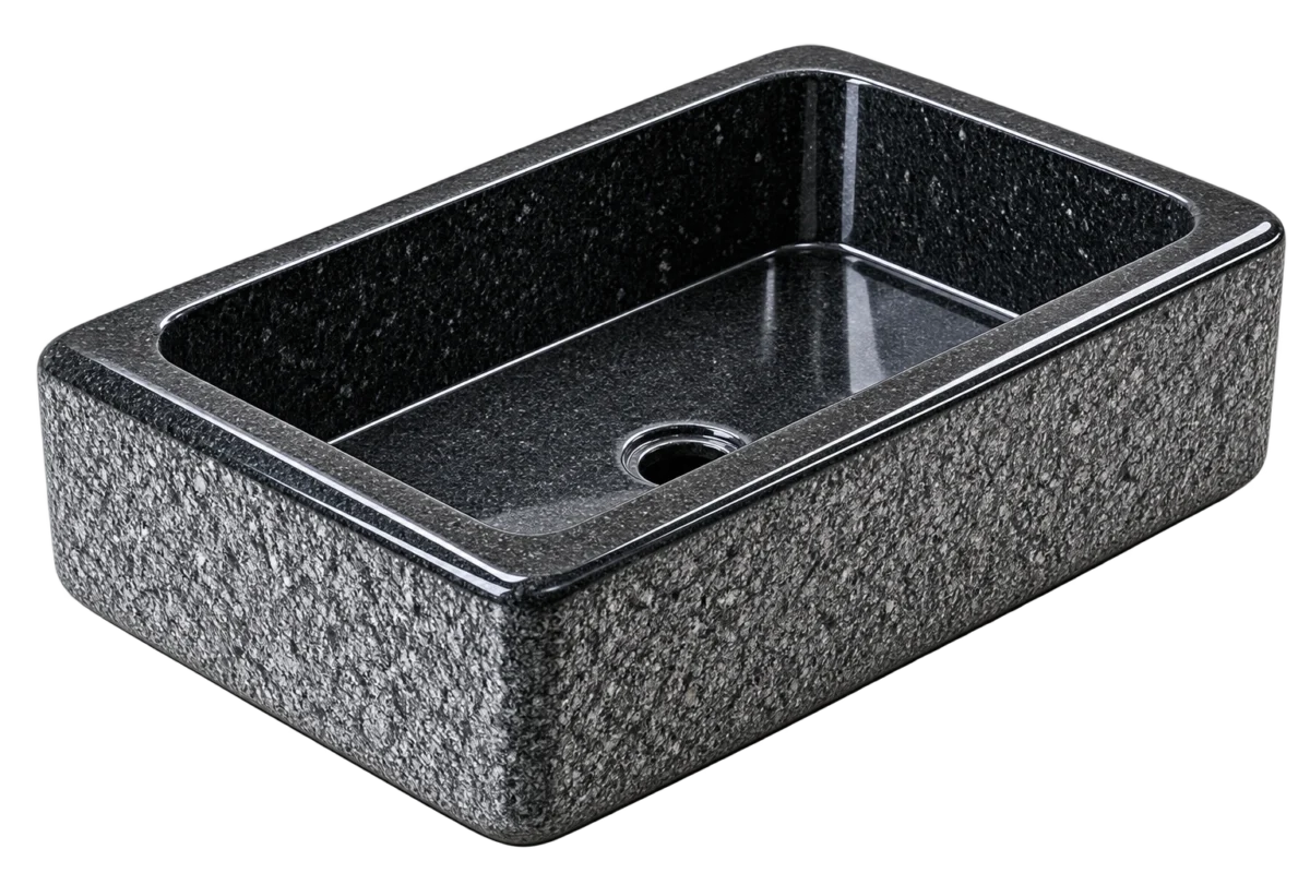 Rectangular Black Andesit Basin with Textured Exterior