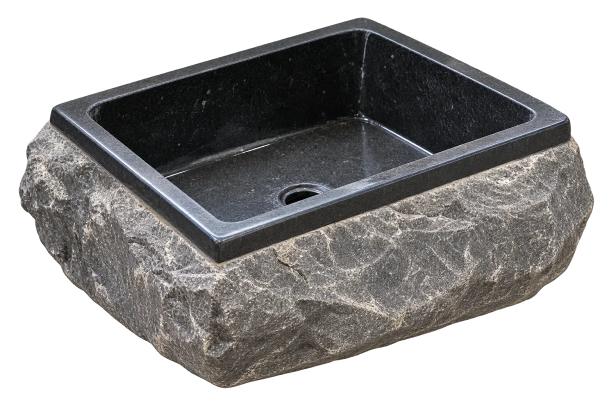 Square Black Andesit Basin with Textured Exterior
